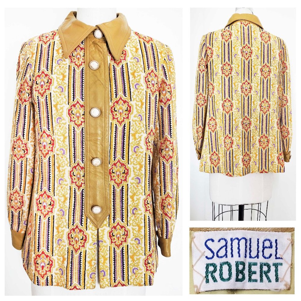 1970s Vintage Samuel Robert Womens Tapestry Leather Jacket Zip Up Floral